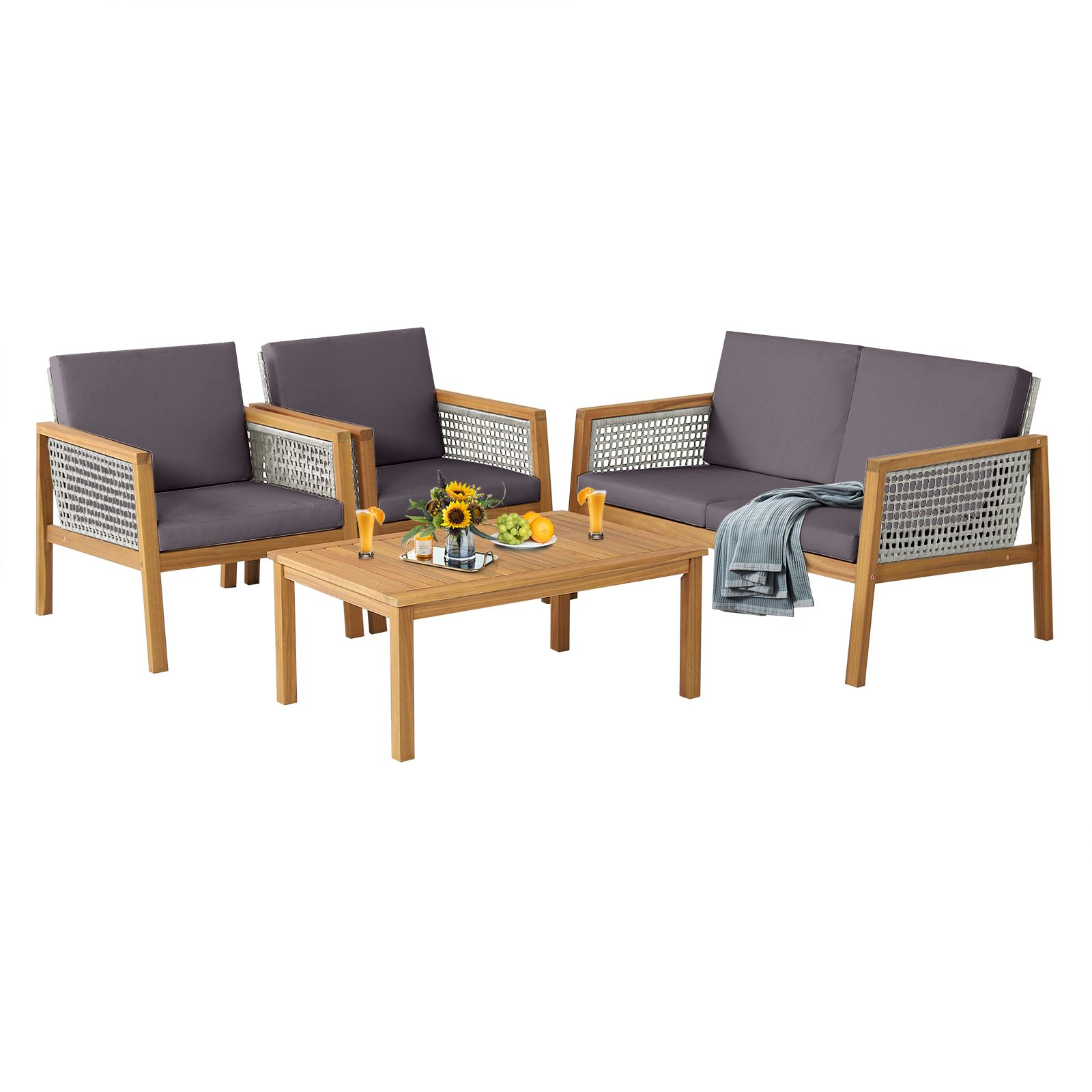 4 Pieces Wicker Patio Furniture Set with Loveseat Coffee Table and Chairs